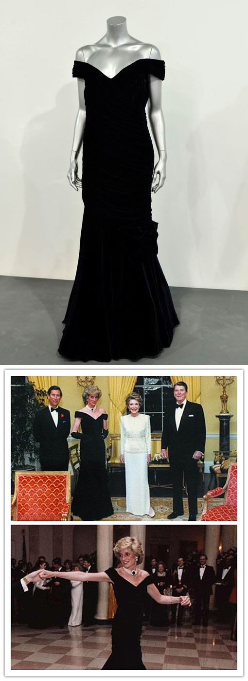 robe noire à l'épaule dégagée de Lady Diana lors de sa visite à White House