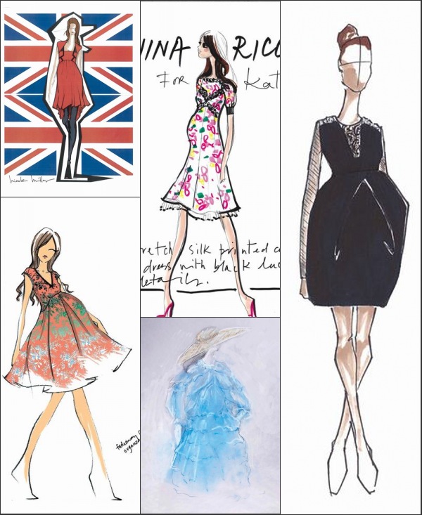 Esquisses de Nicole Miller, Nanette Lepore, Nina Ricci, Lorry Newhouse et Vera Wang pour la robe de maternité de Kate Middleton