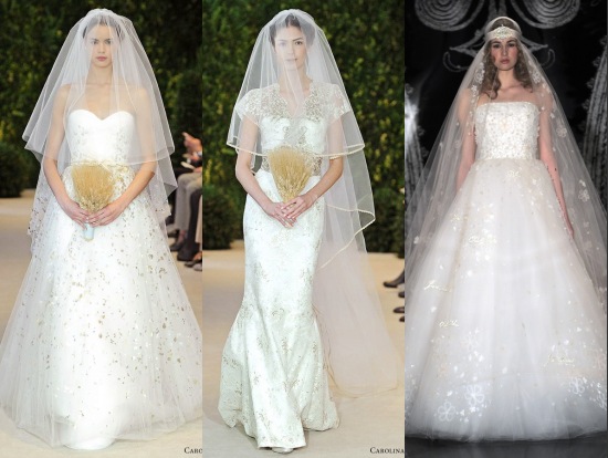 Robes pour la mariée en tissu brillant des collections Printemps-Été 2014 de Carolina Herrera et de Reem Acra