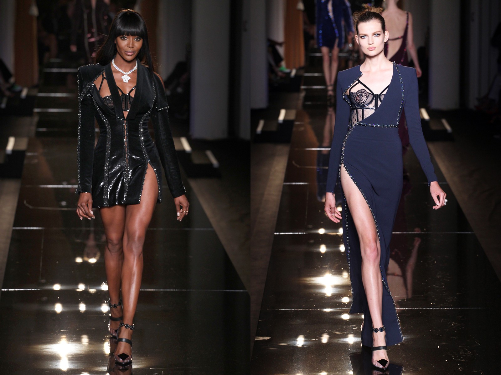 robe cocktail noire et robe de soirée bleue dans la collection haute couture automne 2013 de Versace