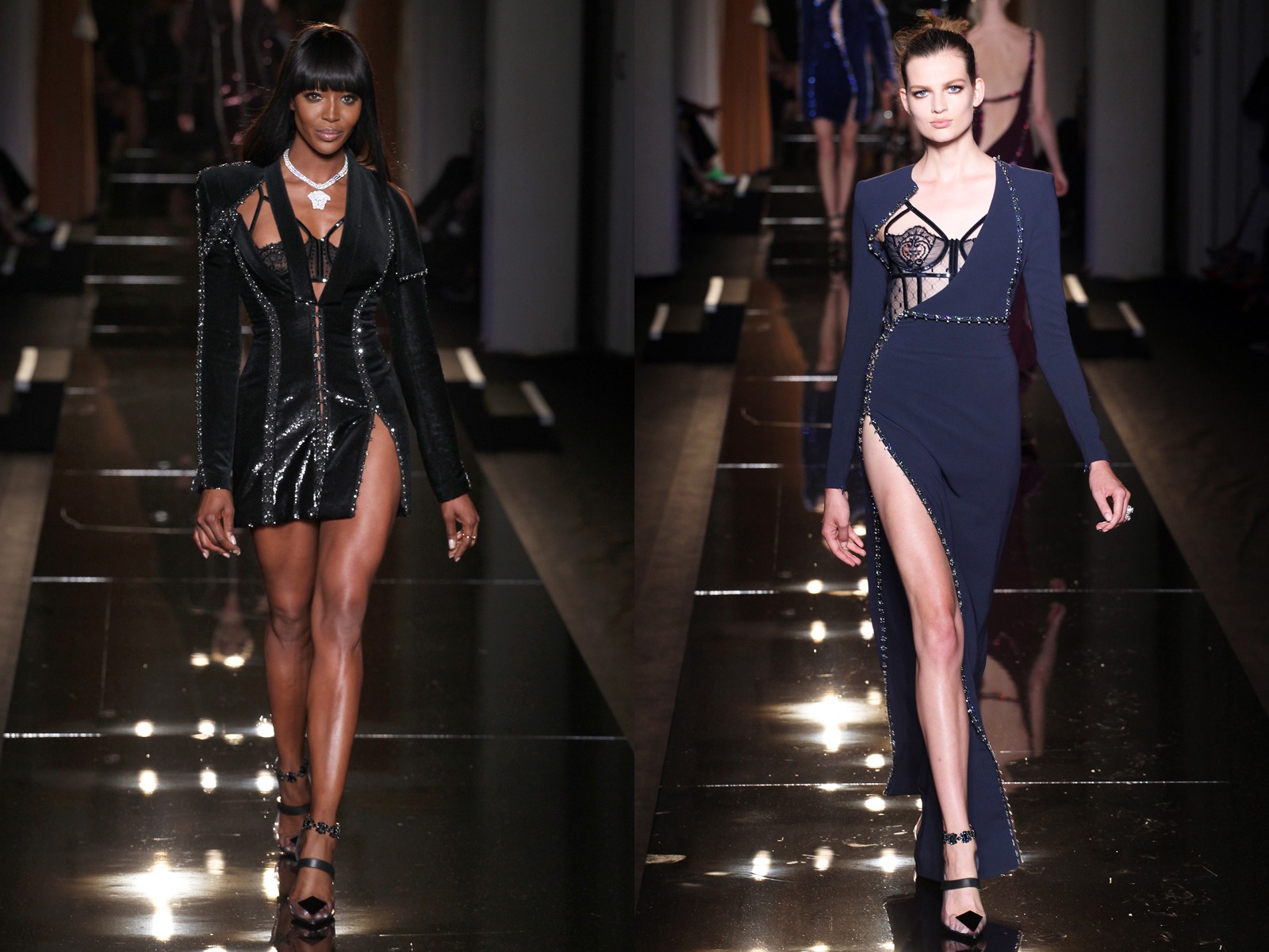 Robe de cocktail noire et robe de soirée bleue dans la collection haute couture automne 2013 de Versace