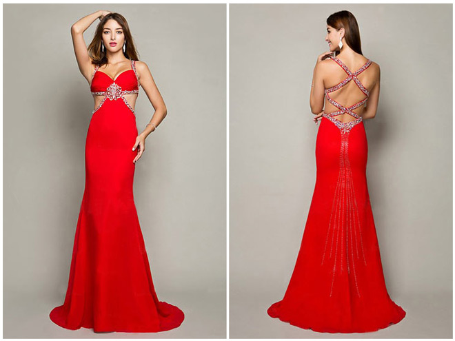 Robe de soirée rouge vermillon sexy à dos nu côte découpé