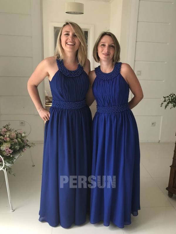 robe bleu longue col strassé pour mariage