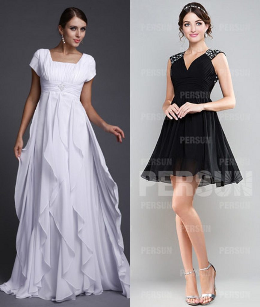 robe de soirée blanche longue et robe noire courte décolleté en V