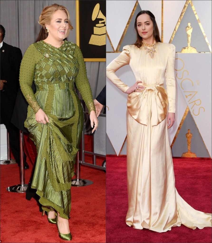 robe de soirée longue Adele et Dakota Johnson manches longue 
