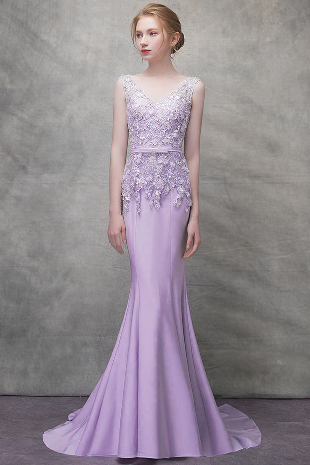 Elégante Robe de soirée lilas sirène col v à haut en dentelle ornée de sequin