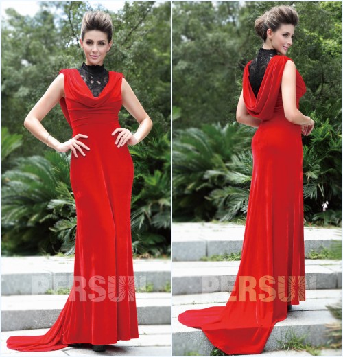 robe rouge longue habille col montant en dentelle noire