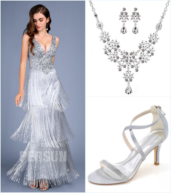 bijoux et sandale pour une robe de soirée argenté jupe à frange 2019