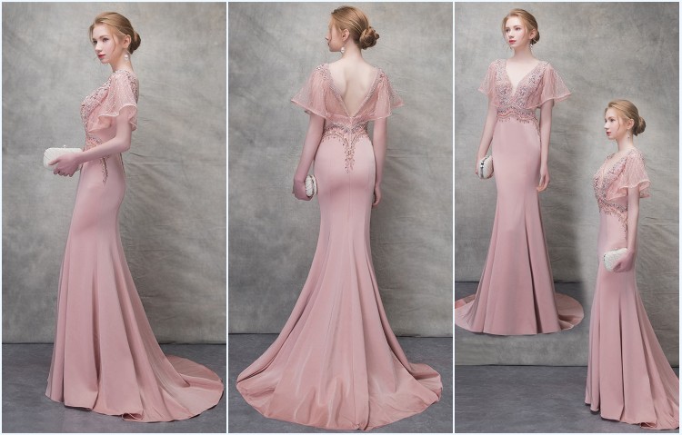 robe de soirée sirène rose avec manche embelli de bijoux 2019