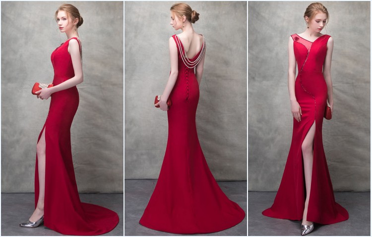 robe de gala rouge longue sirène avec chaîne 2019