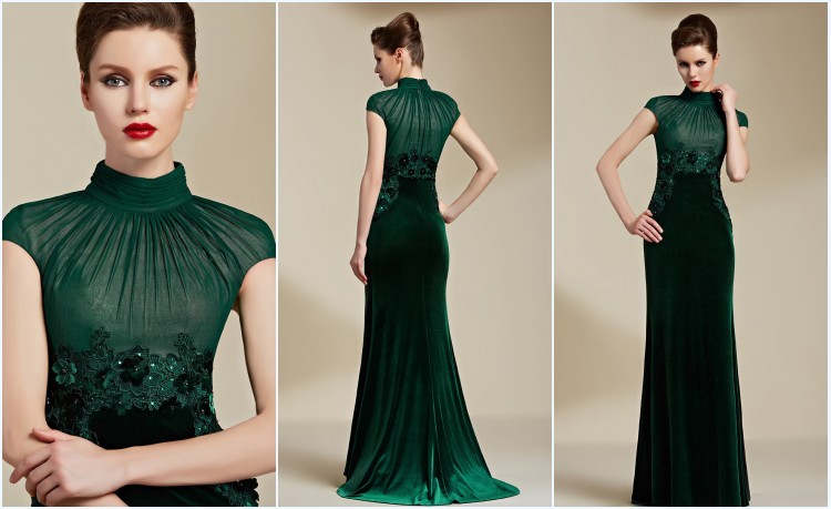 robe élégante longue de soirée verte col montant en velours