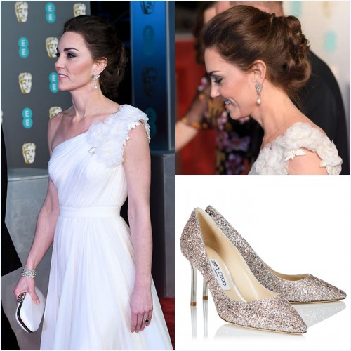 escarpins Jimmy Choo et boucles d'oreilles de Kate Middleton aux BAFTA