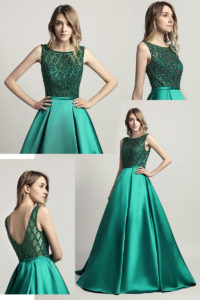 robe de soirée verte longue haut orné de strass