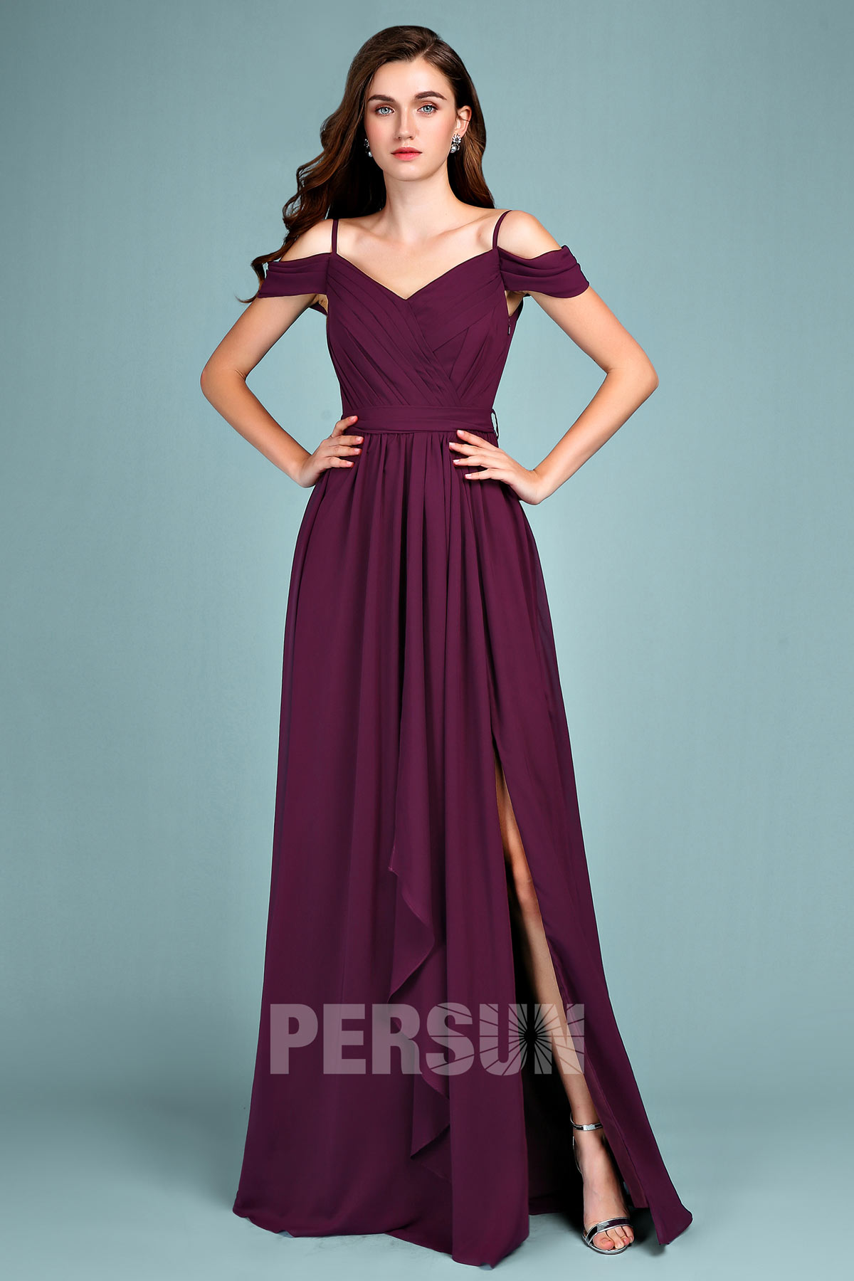 robe de soirée prune longue fendue épaule dénudé 2019