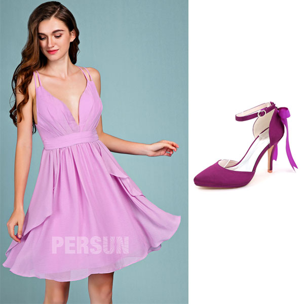 robe de soirée lilas courte et escarpin violette