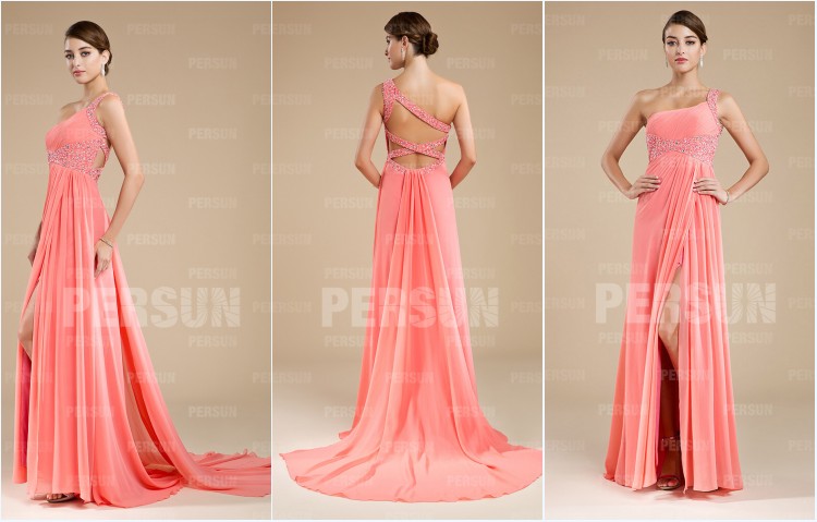 robe de soirée rose asymétrique orné de strass avec bretelle croisé au dos