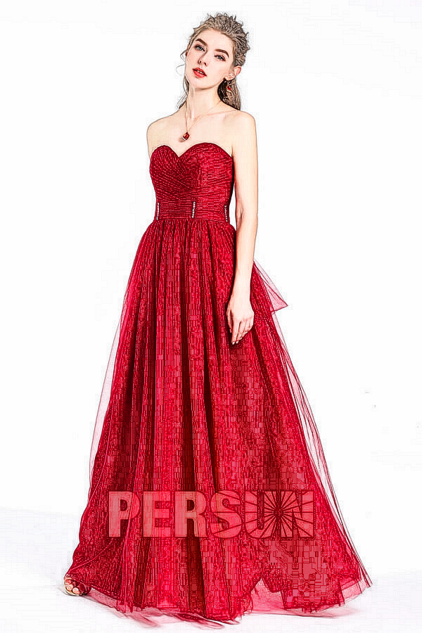 robe de soirée rouge longue bustier coeur drapé taille ornée de strass