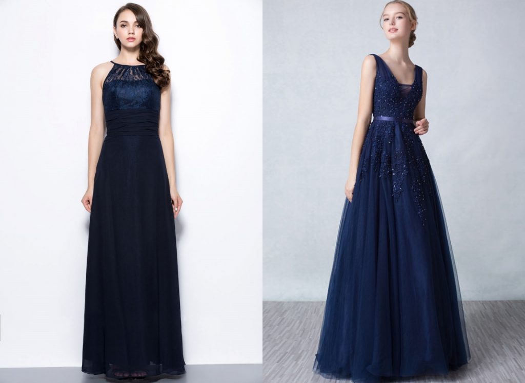 robe de soirée longue bleu marine en dentelle appliquée