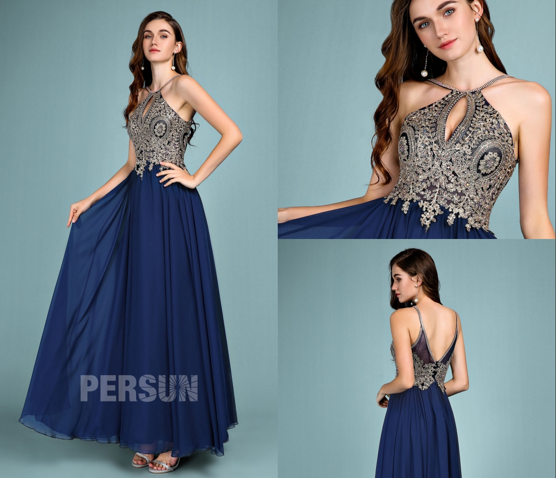 robe de soirée bleu marine longue col halter haut en dentelle dorée appliquée dos décolleté v