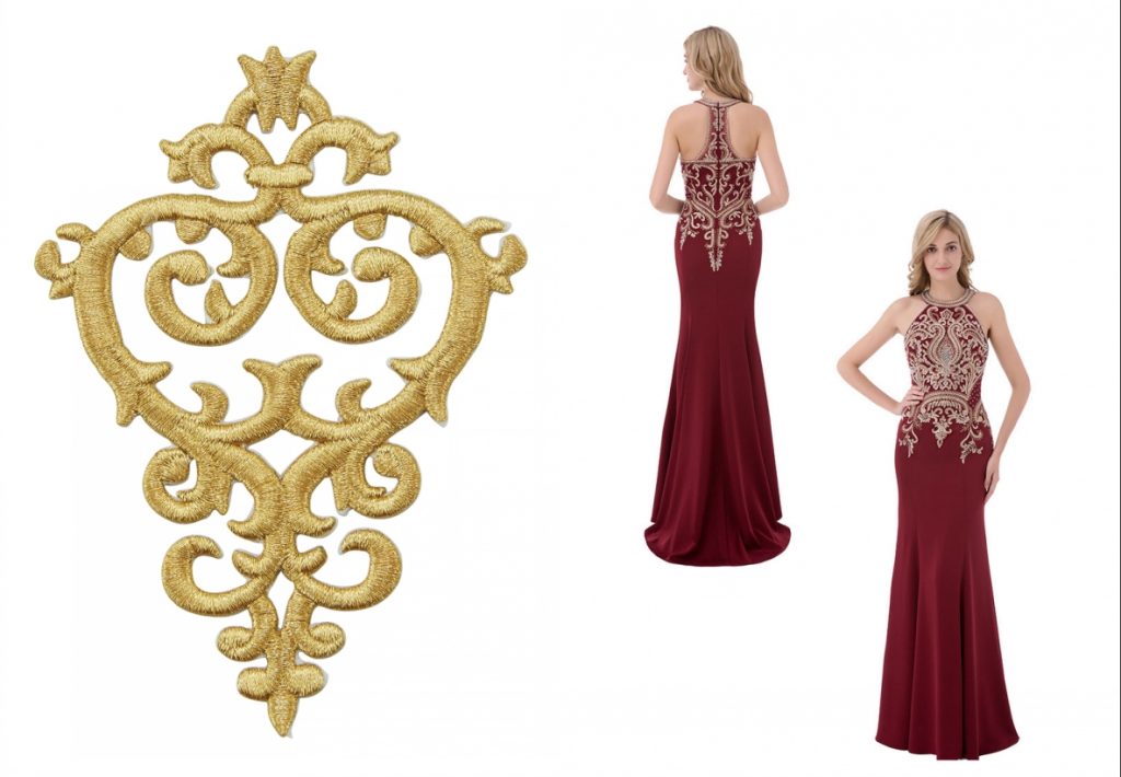 classique robe de soirée longue bordeaux col halter fourreau ornée borderie dorée baroque et de strass