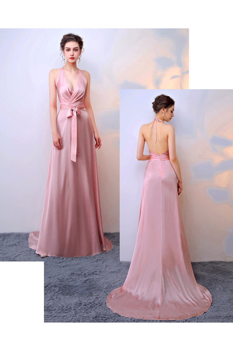 robe de soirée rose longue col halter plongeant dos nu avec ceinture noeud papillon