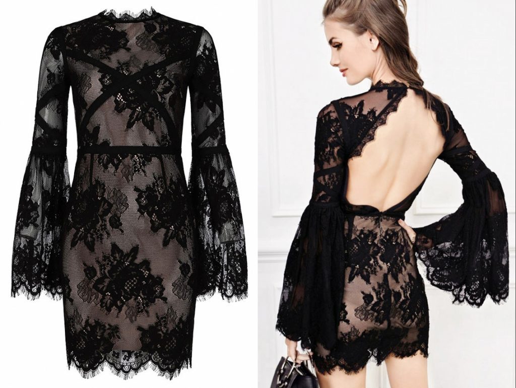 robe de soirée courte noire sexy en dentelle dos nu avec manches courte