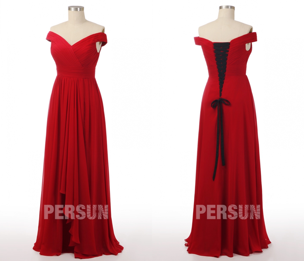 robe de soirée rouge longue épaule dénudé bustier plissé dos avec lacet noir