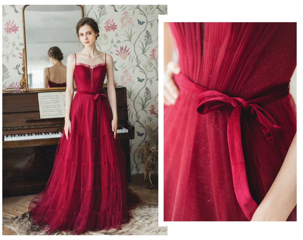 robe de soirée rouge longue doublure en paillette à bretelle fine