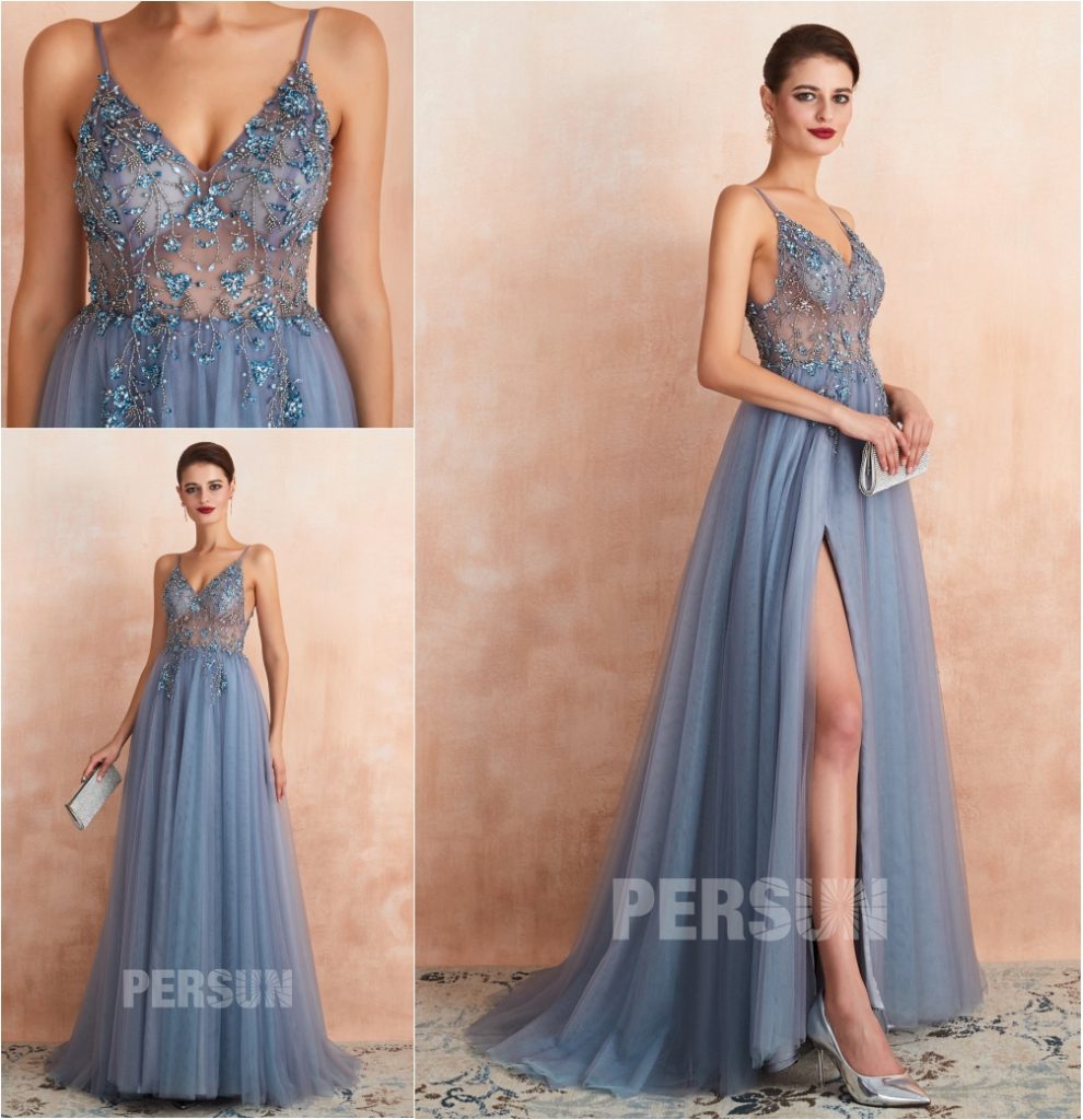 robe de soirée fendue bleu parme haut transparent embelli de bijoux à bretelle fine