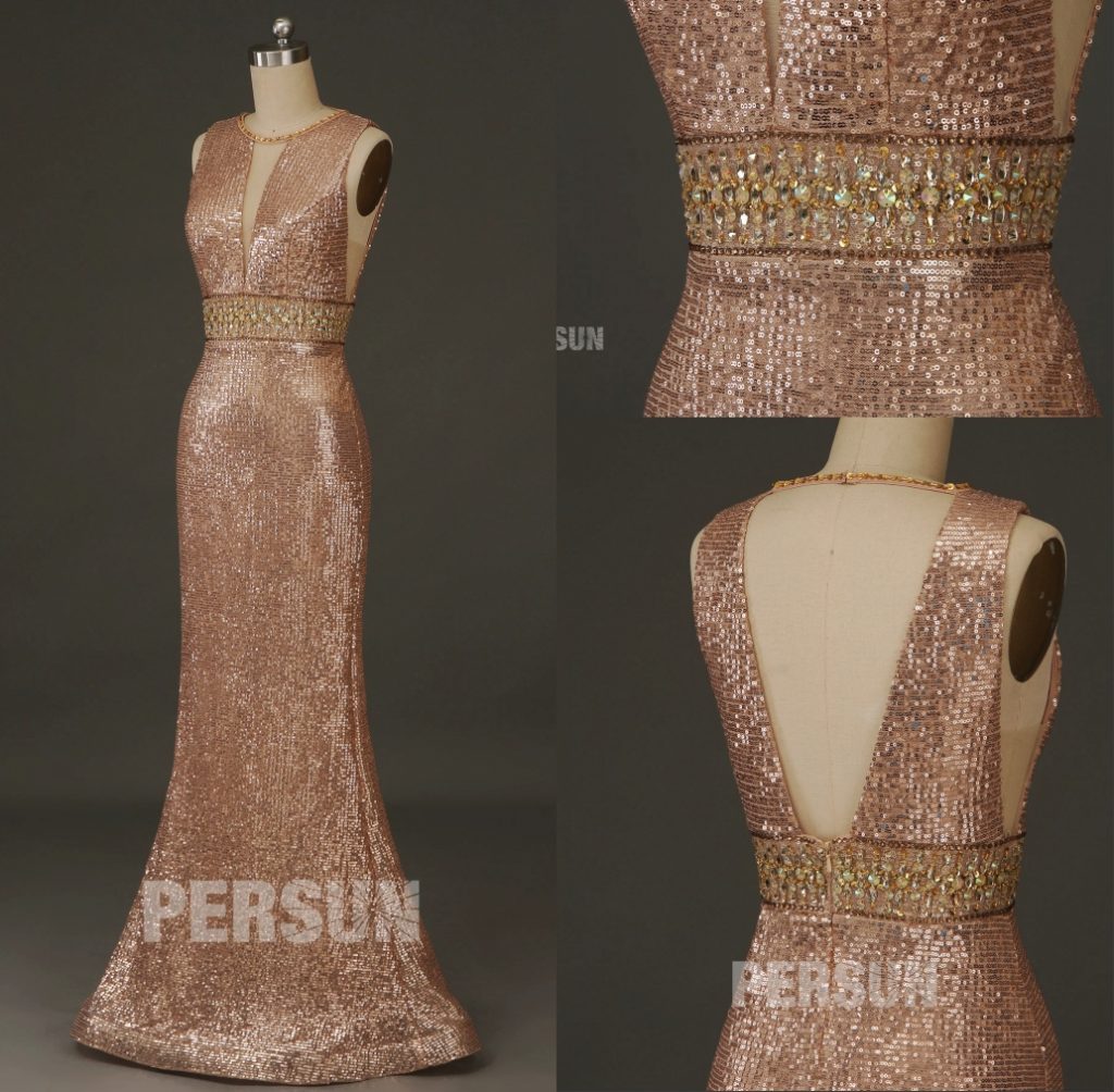 robe de soirée longue sirène en paillettes bustier découpe dos nu taille ornée de strass