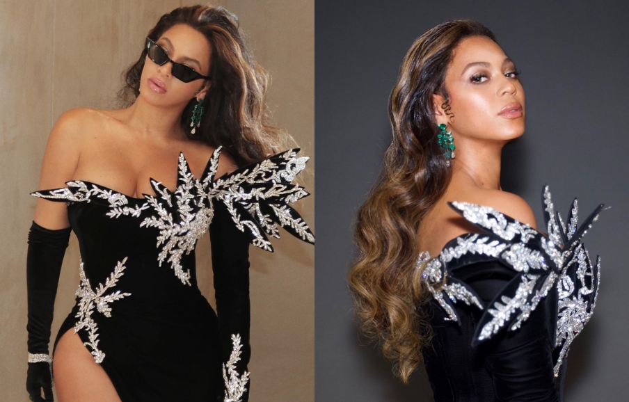 robe de soirée noire fendue asymétrique embelli de bijoux manche longue de Beyoncé