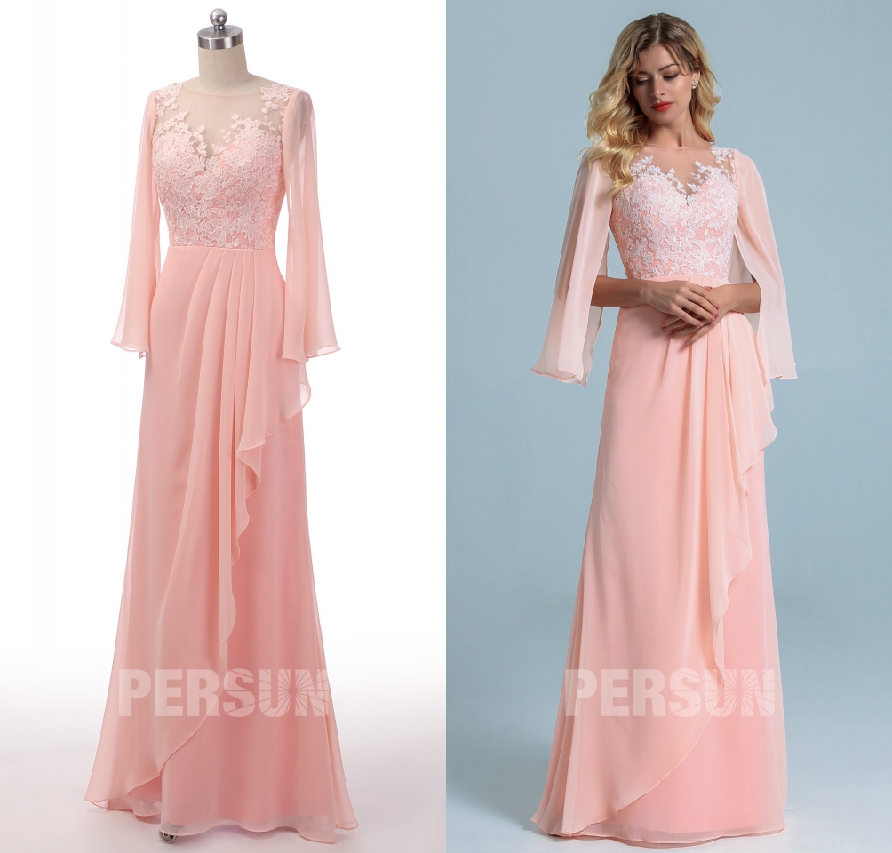 robe de soirée rose perle longue col illusion appliquée de dentelle florale avec manche cape