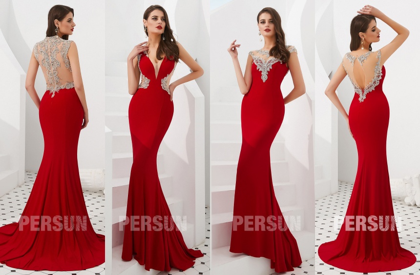 robe de soirée rouge sirène en spandex brodée de bijoux