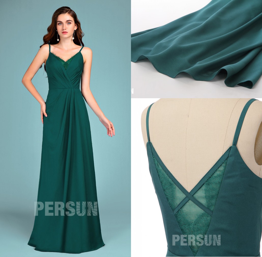 robe de soirée vert foncé longue col V avec empiècement dentelle