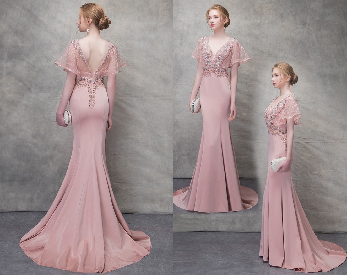 robe soirée sirène vieux rose col v plongeant avec manches à dos nu