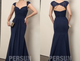 Robe soirée sirène bleu nuit bustier drapé avec mancherons dentelle