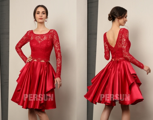 Robe rouge chic deux pièces haut dentelle à manches longues