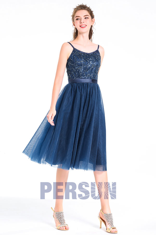 Robe de cocktail bleu nuit jupe évasée en tulle