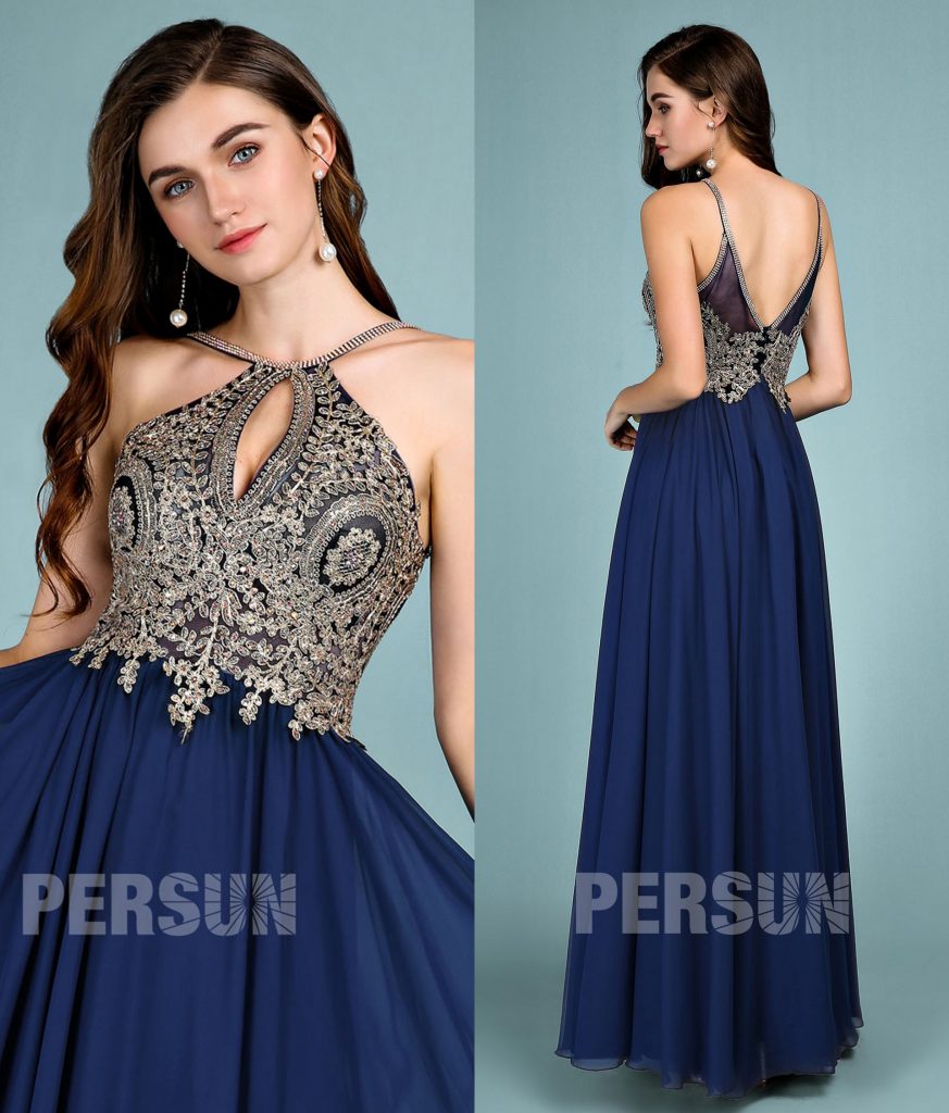 Robe soirée longue bleue découpe goutte d'eau