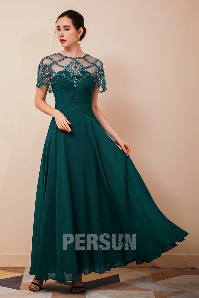 Robe verte longue bustier drapé avec cape