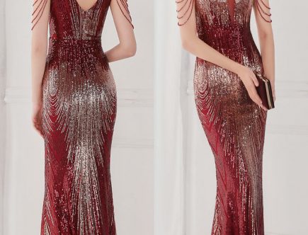 Robe de bal fourreau bordeaux décolleté en V en sequins