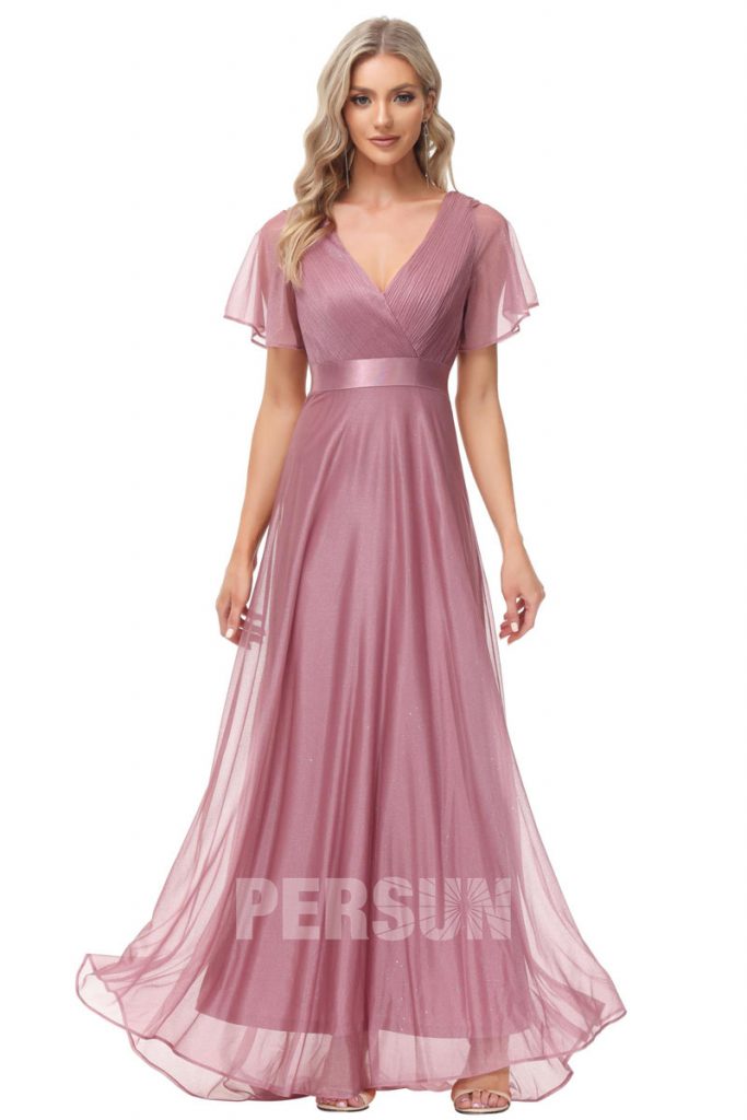 Robe soirée longue rose carnation aux manches évasées