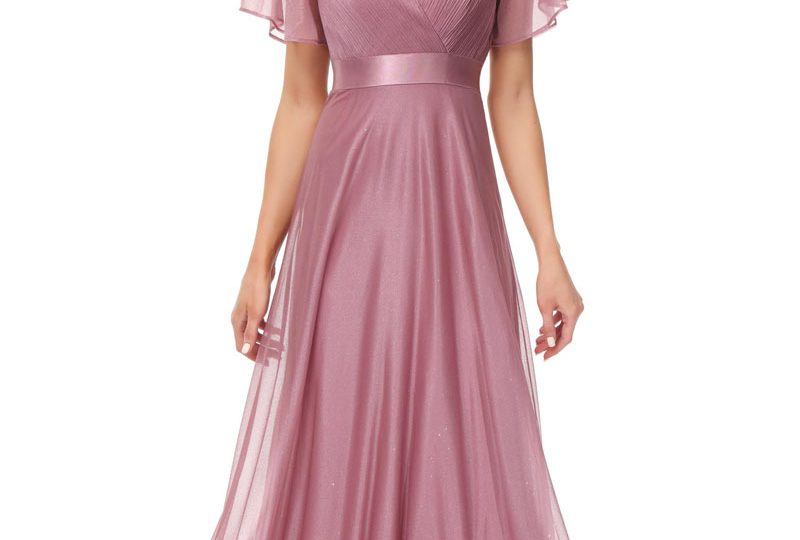 Robe soirée longue rose carnation aux manches évasées