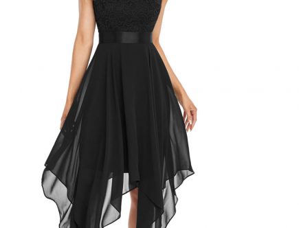 Robe de cocktail noire col en V haut en dentelle à jupe irrégulière