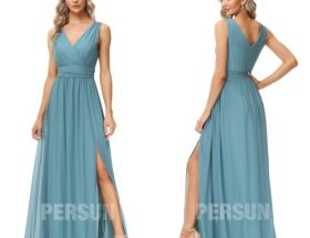 Robe soirée longue dusty blue en mousseline